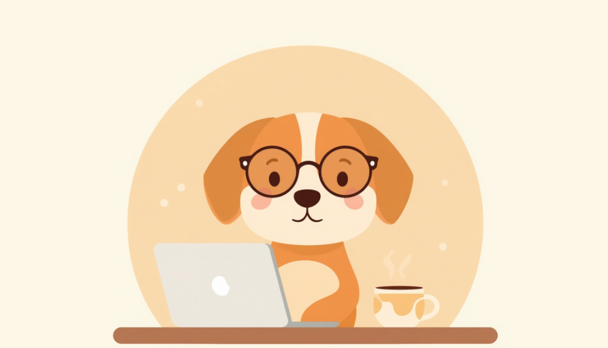Friendly dog wearing glasses, planning at a desk with a laptop and coffee